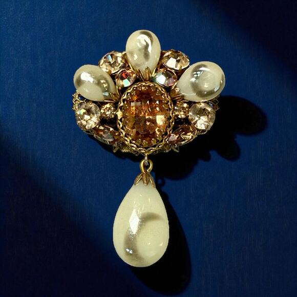 Vintage Signed Regency Beautiful Art Glass Stone Dangle Brooch Gold Tone - Picture 1 of 13